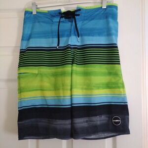 O'Neill Hyperfreak Mens Board Shorts Size Small Blue Green Striped Swim Trunks